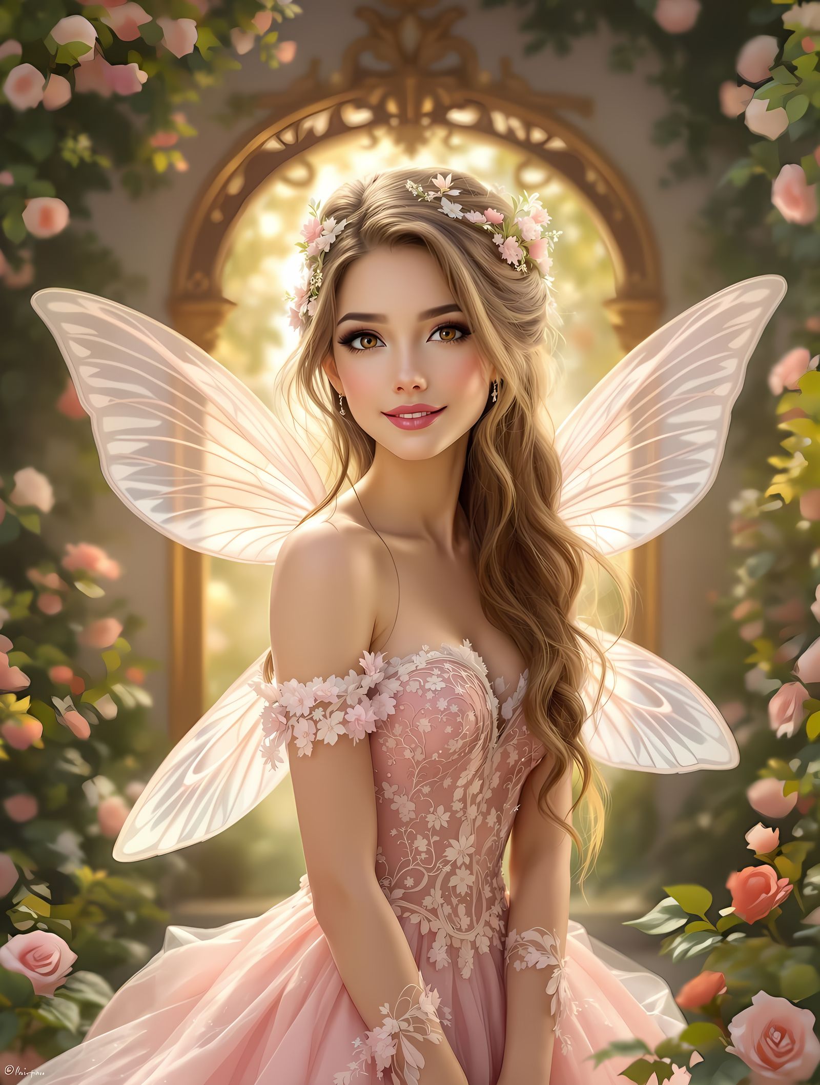 Whimsical Fairy Portrait in Lush Garden Setting