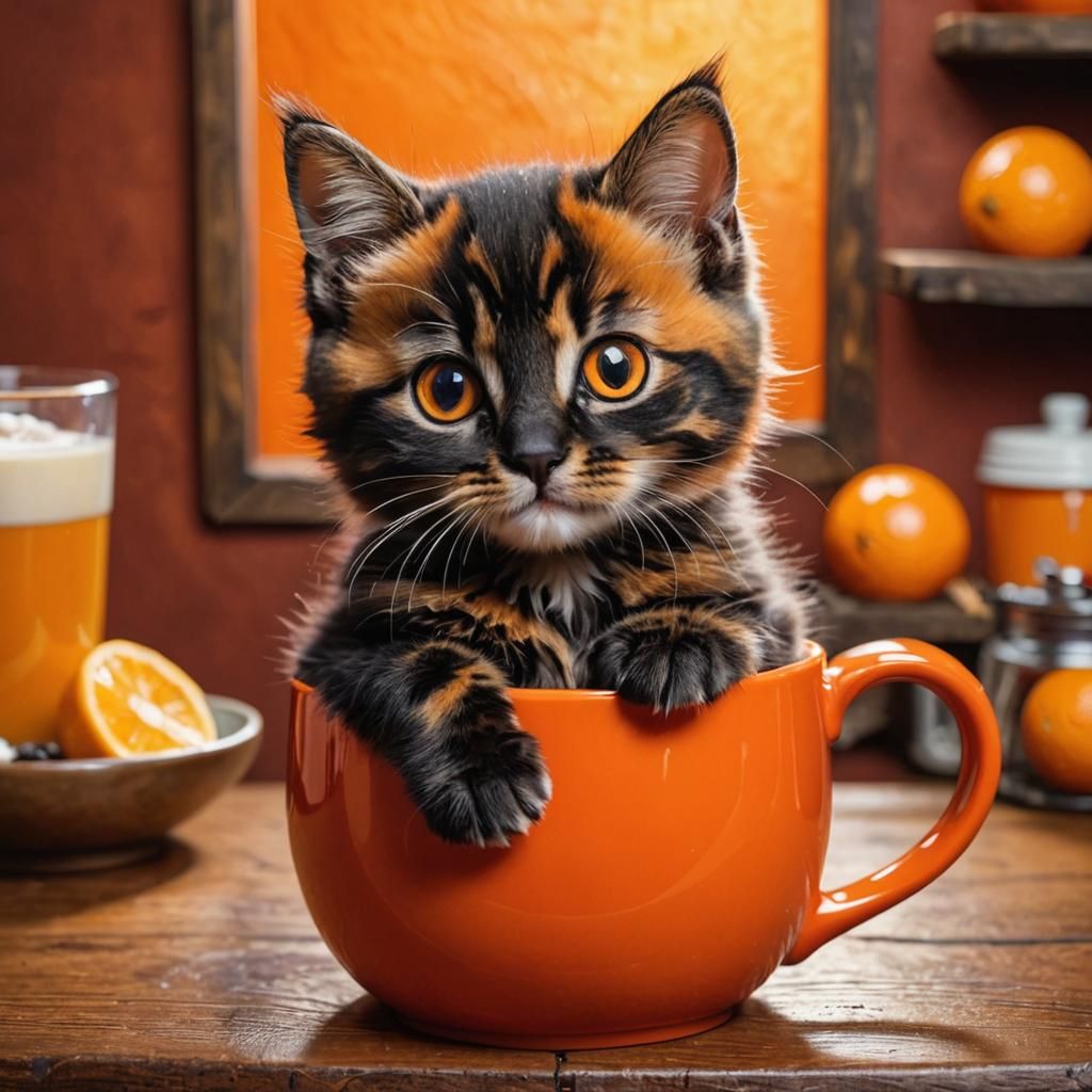 Tortoiseshell Kitten Peeking From Mug, Whimsical Art