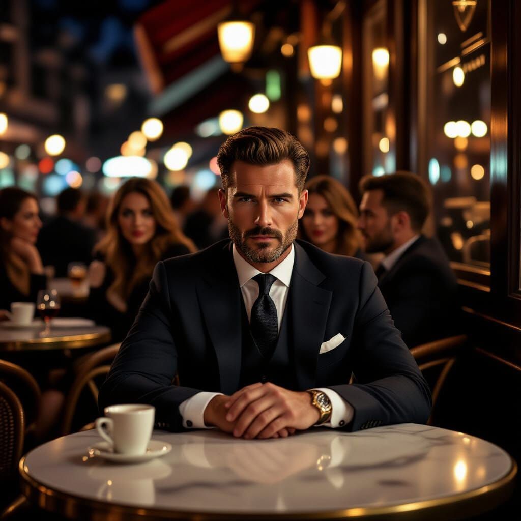 Man Radiates Power in Stylish European Cafe at Night