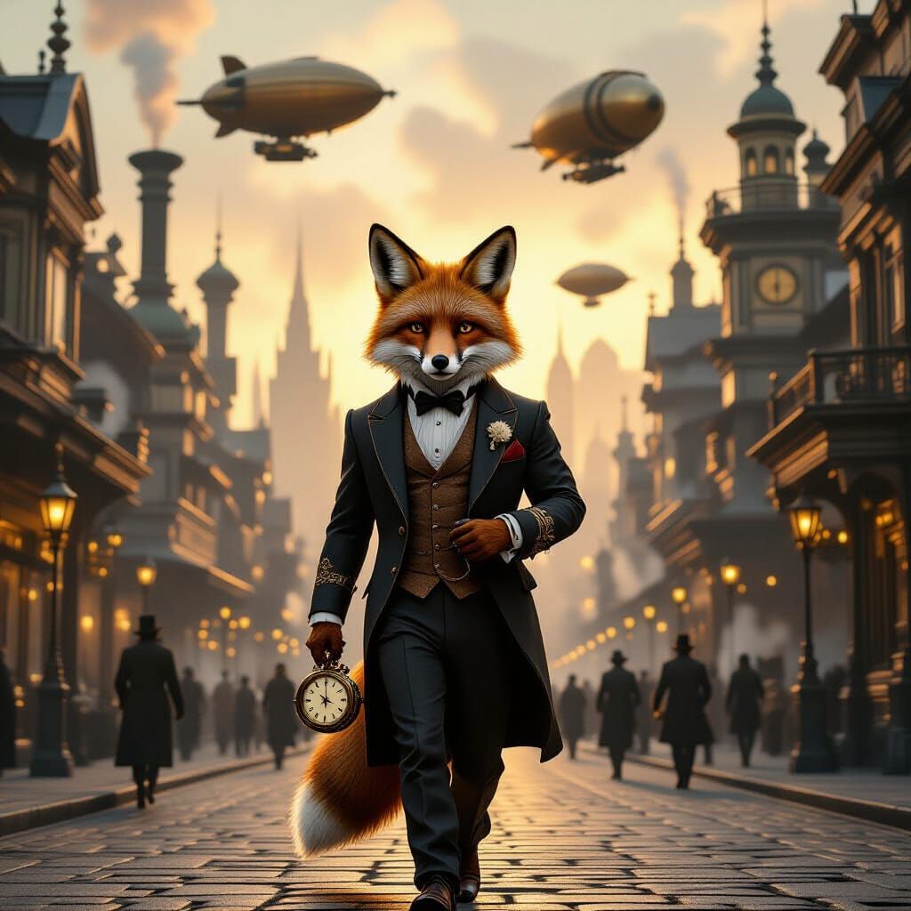Anthropomorphic Fox in Victorian Steampunk City