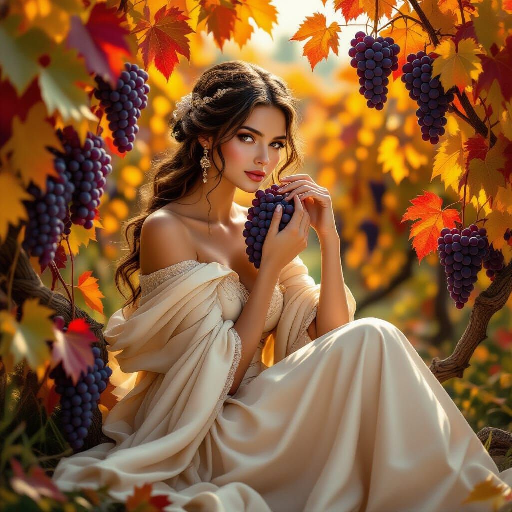 a serene young woman in a flowing cream gown with a draped s...