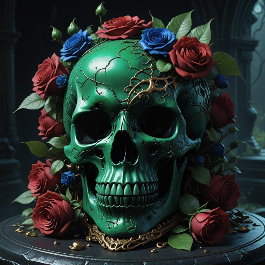 Dark Fantasy Skull Adorned with Vibrant Roses
