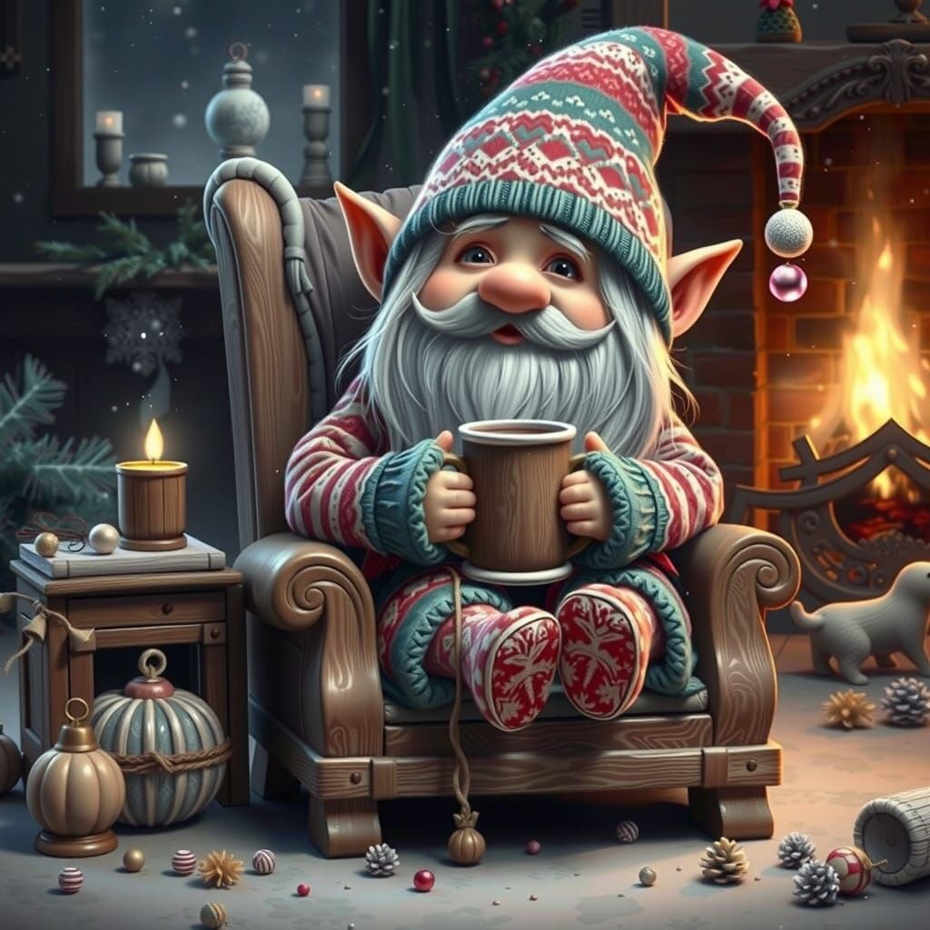 Whimsical Winter Scene with a Nordic Gnome Enjoying Hot Coco...