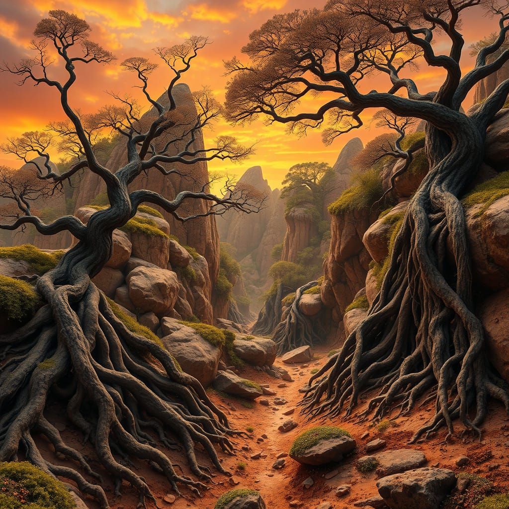 Warm Earthy Landscape with Golden Light and Intricate Textur...