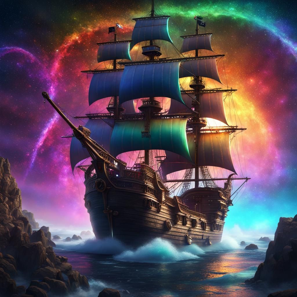 Rainbow Glitter Pirate Ship Sailing Among Stars