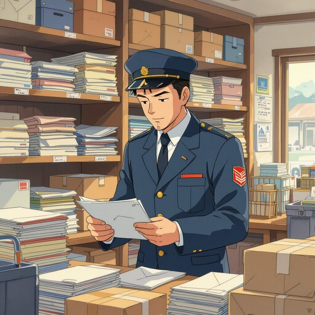 Anime Postman Sorting Mail in Ghibli-Style Post Office
