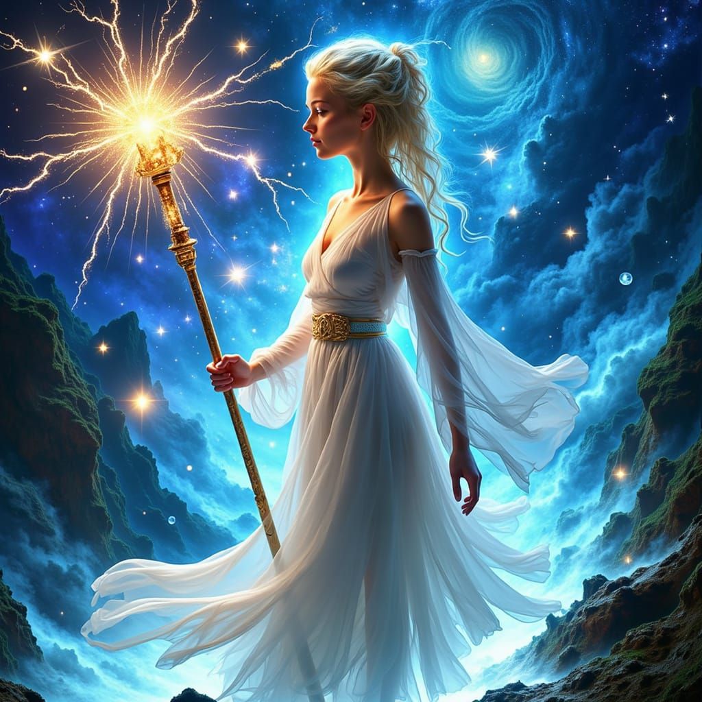 Mystical Sorceress on Island Amidst Arcane Symbols