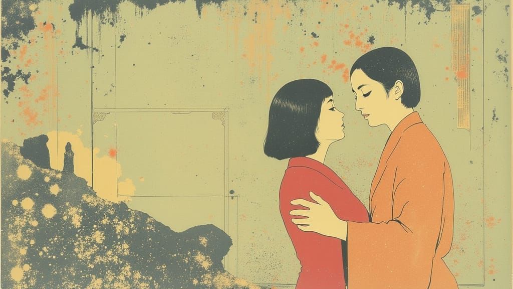 Japanese Woodblock Print of Couple Embracing