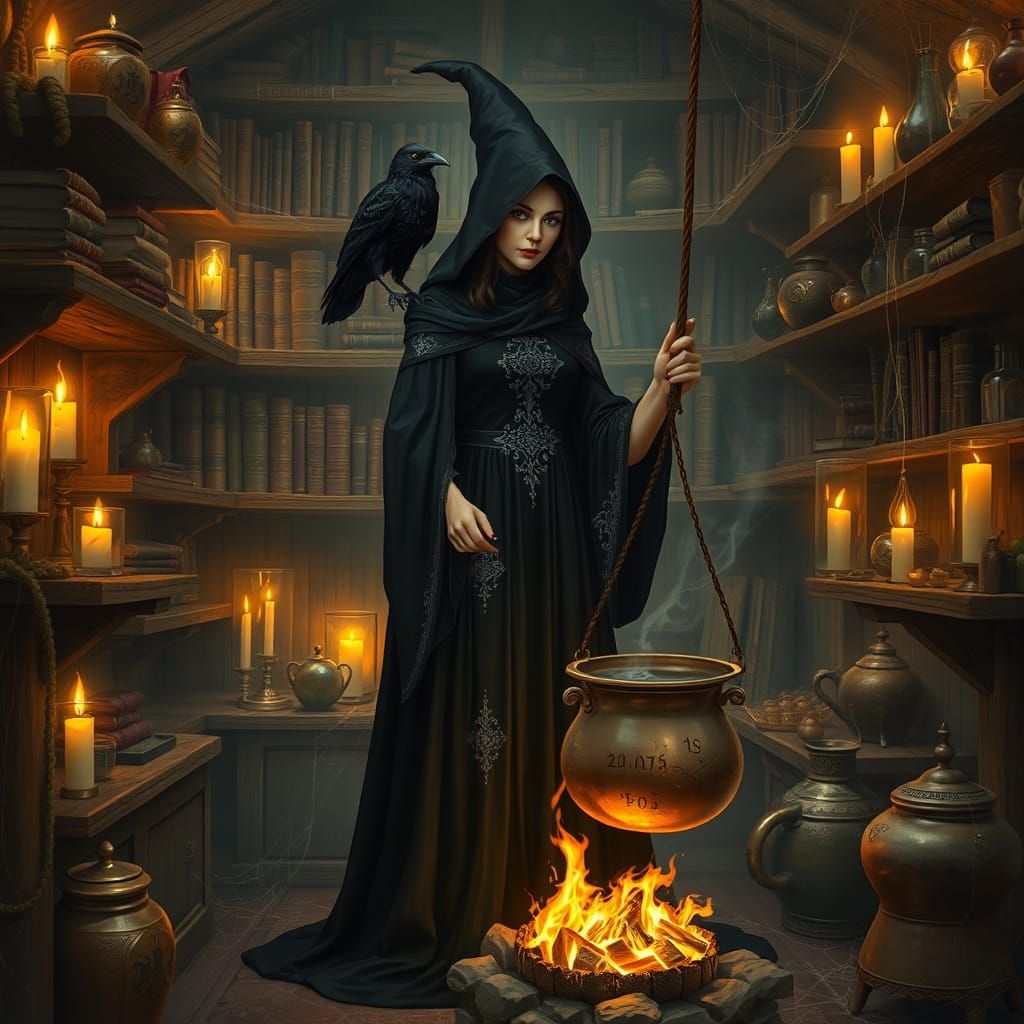 Mystical Witch Prepares Potions in a Haunted Chamber
