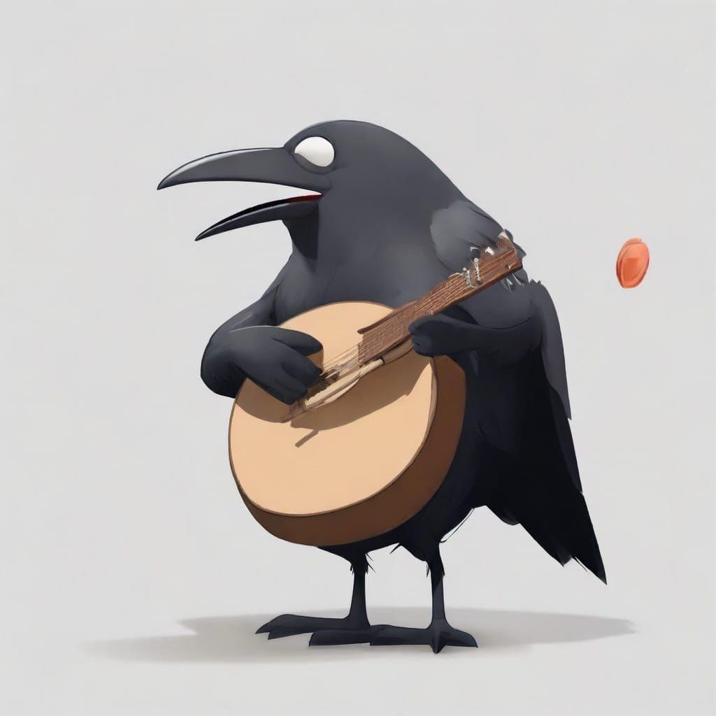 Vibrant Cartoon Crow Strums a Banjo in Cel-Shaded Pixar Styl...