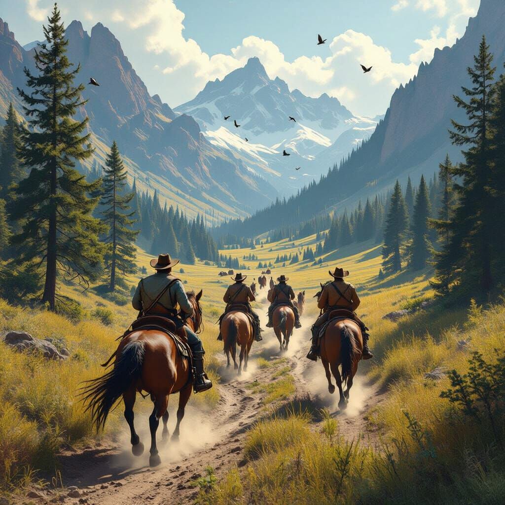 Cowboys Chase Wild Horses Through Mountain Pass in Matte Pai...