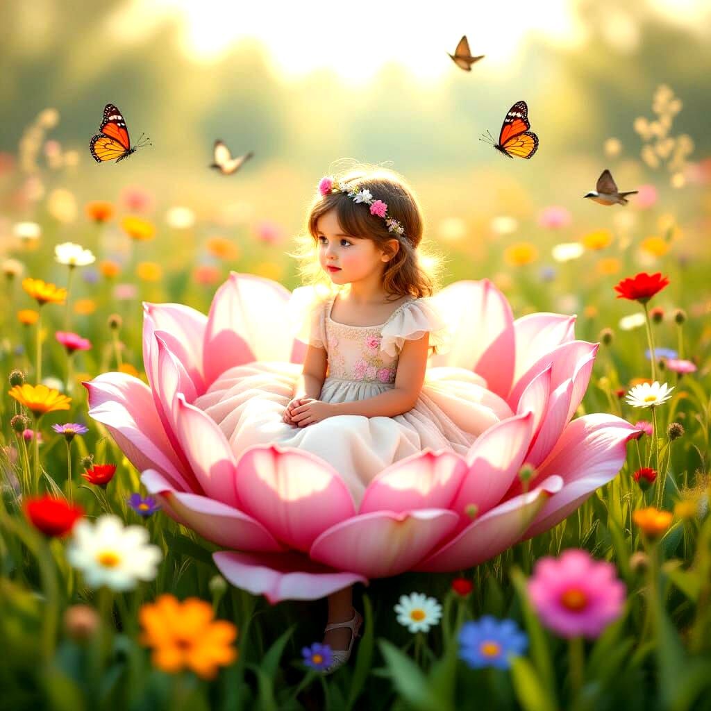 Fairy-Tale Elf Girl in Flower Meadow