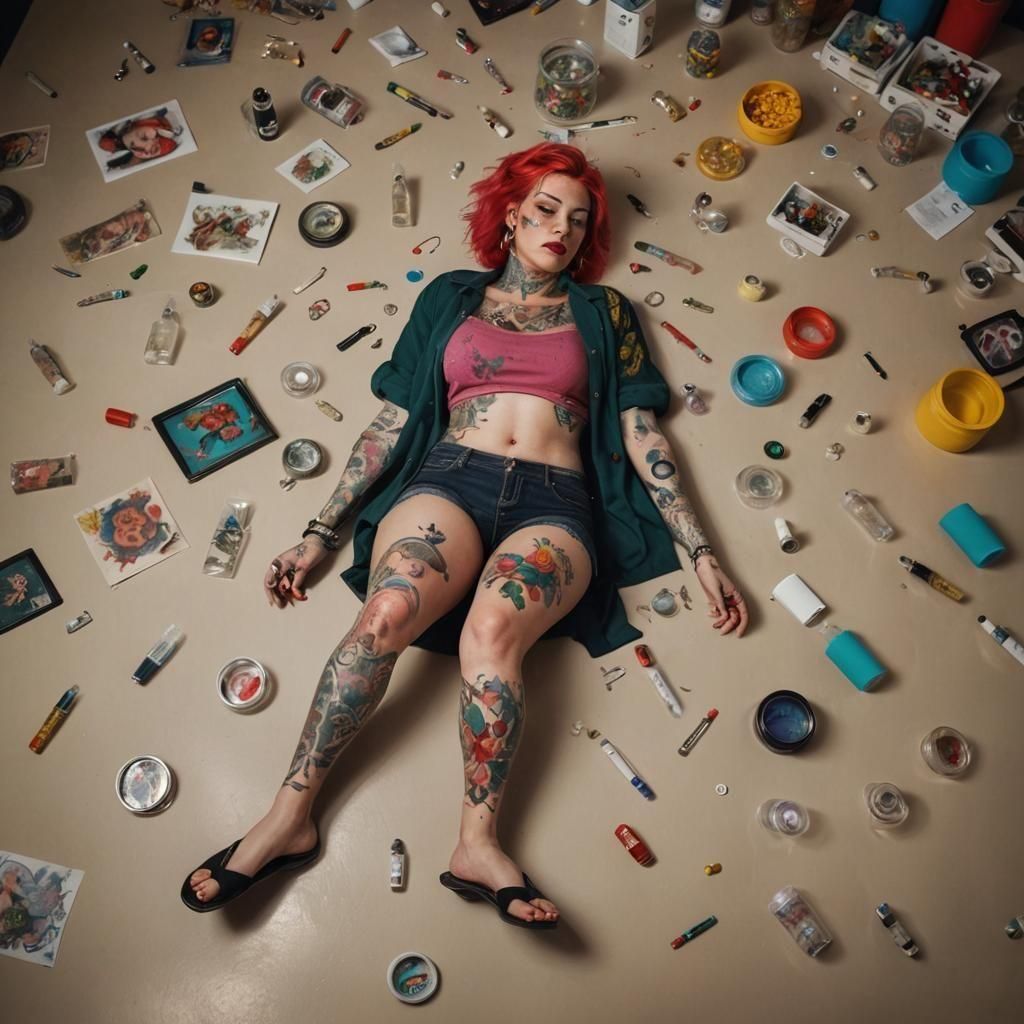Tattooed Woman in Modern Home: Hyperrealistic Photography
