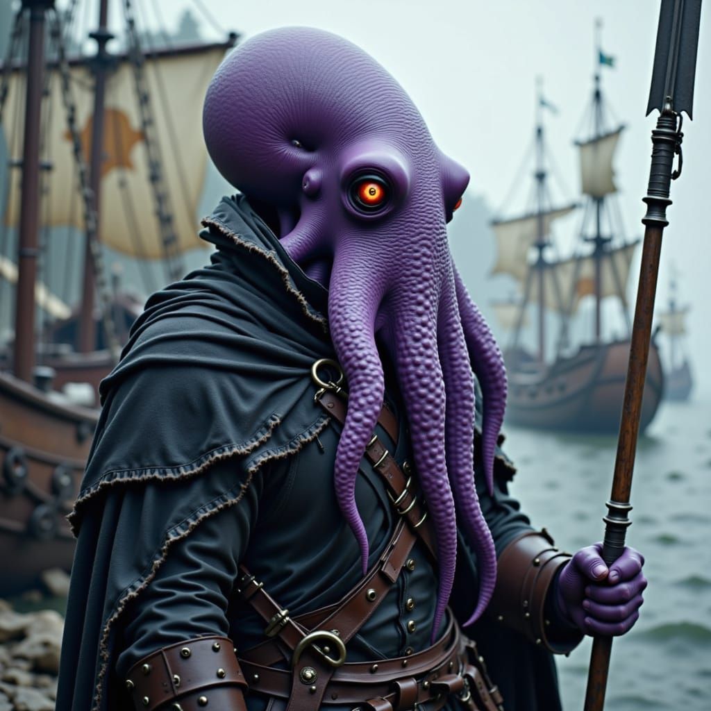 Octopus Pirate in Armor on Misty Seas