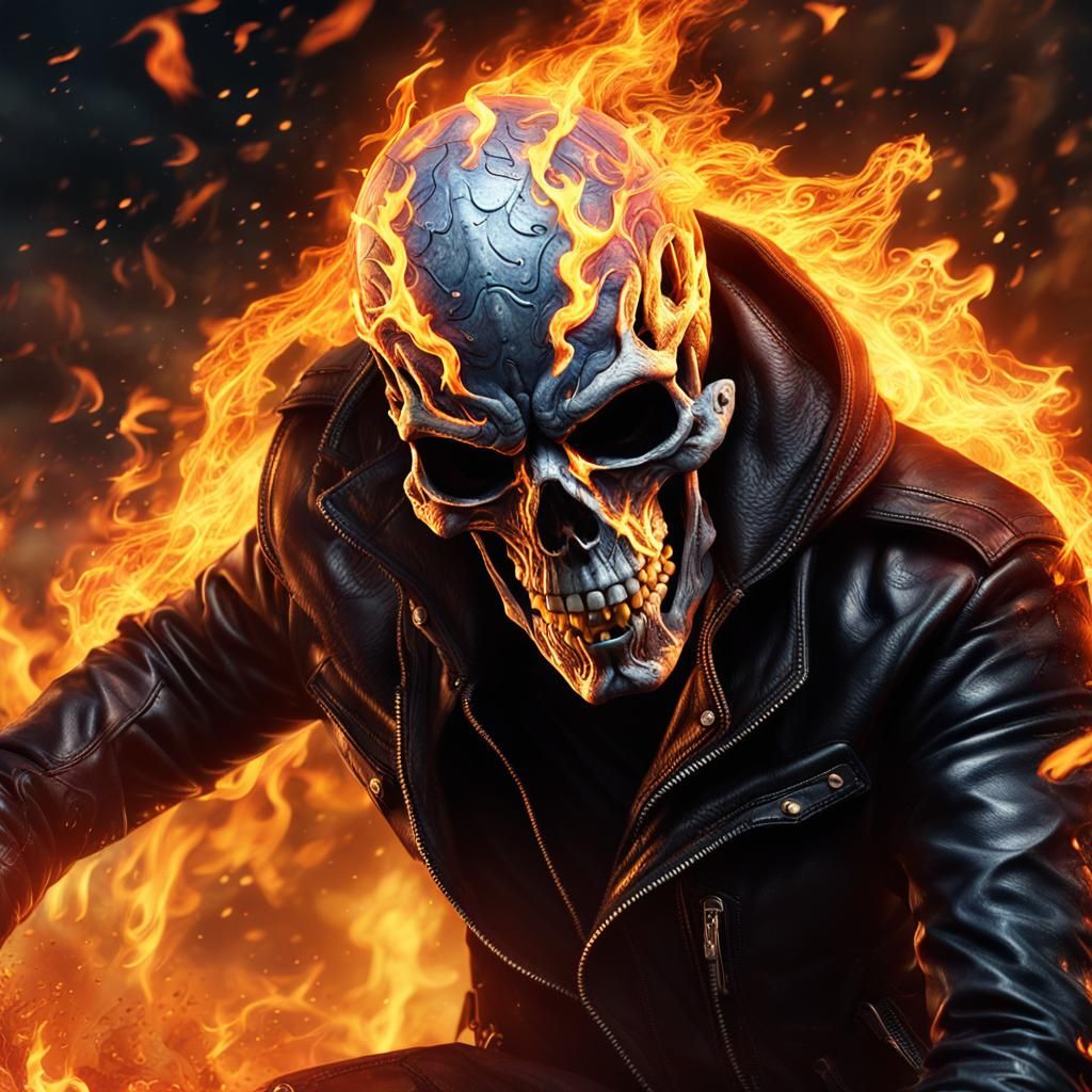 a man in a leather jacket with flames on his face, vfx art, ghost rider, realistic and detailed face, inspired by mckade...