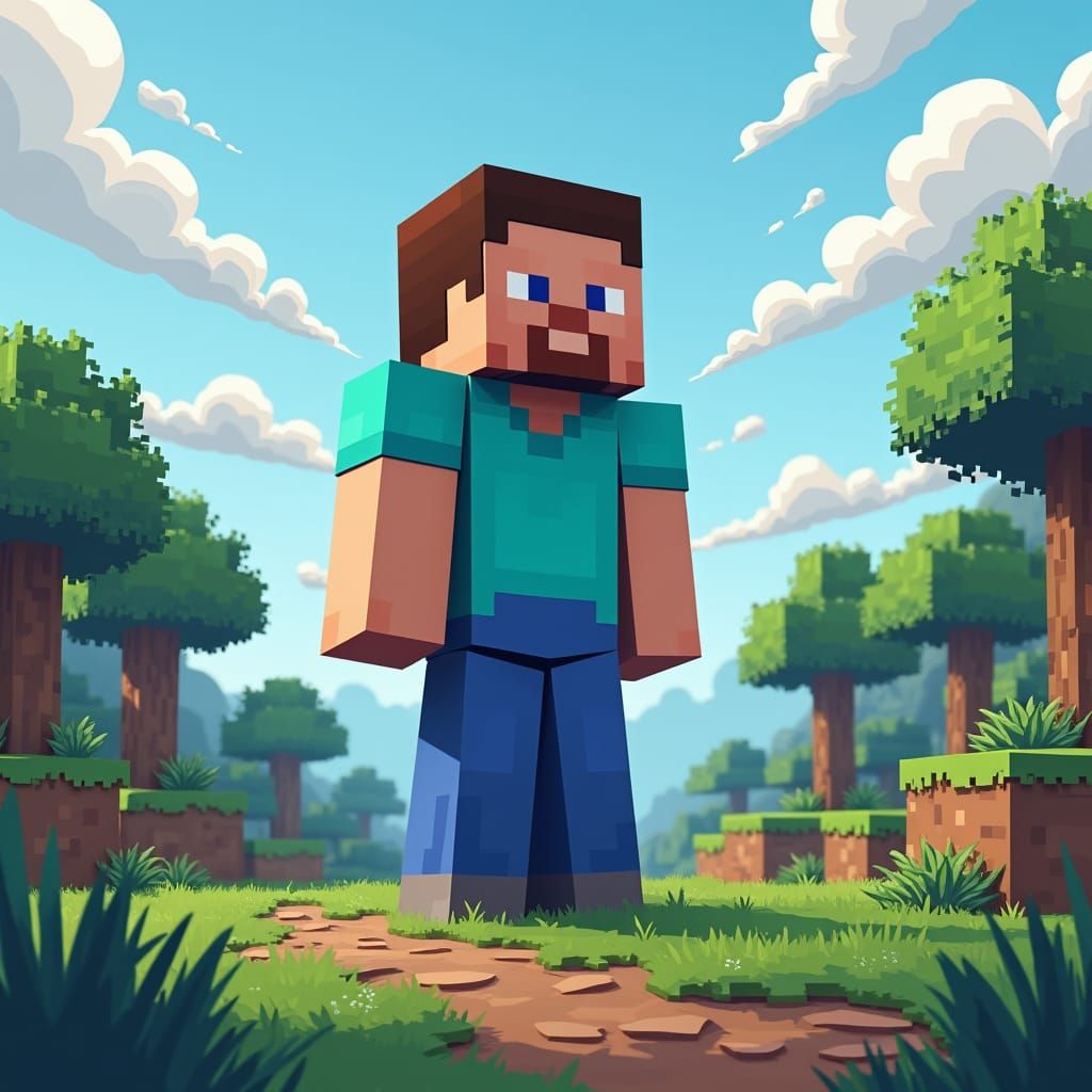 Minecraft Steve in 8-Bit Landscape