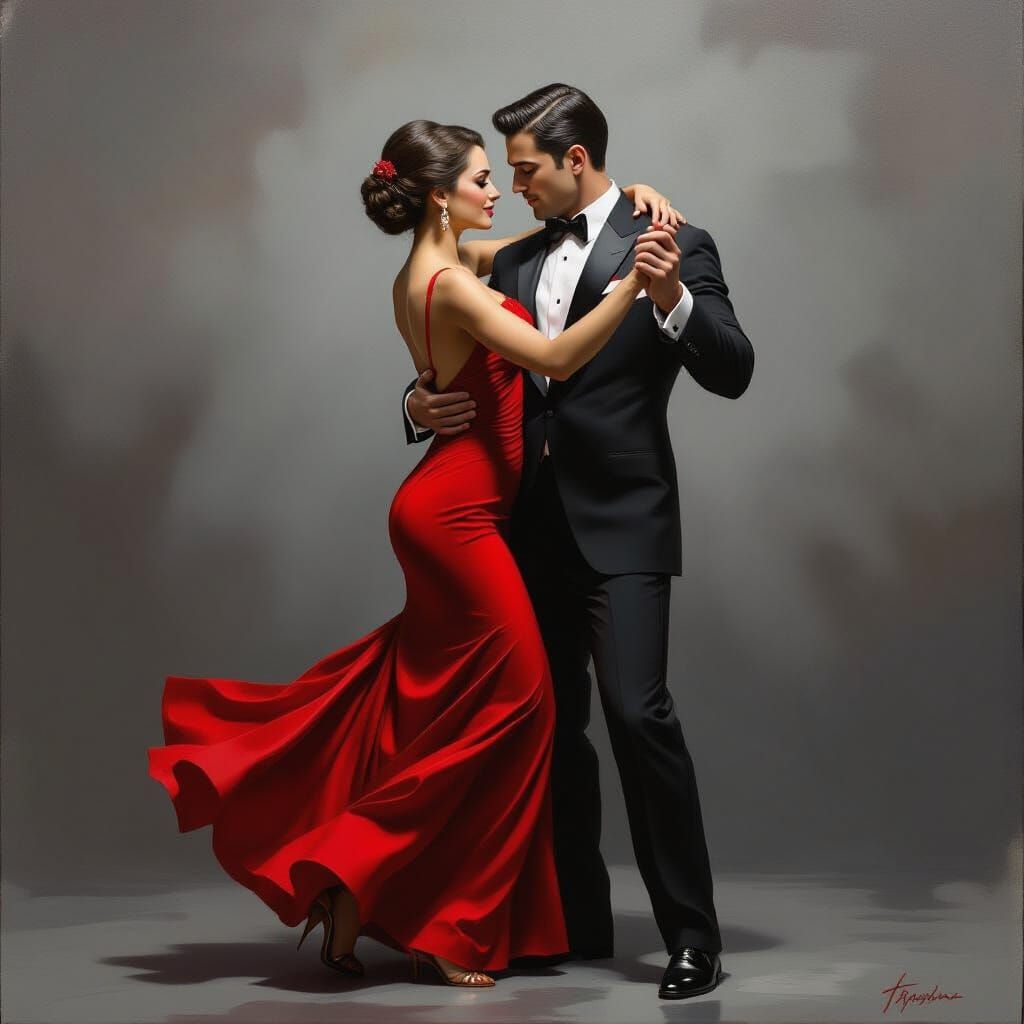 Elegant Tango Dancers in Detailed CGI Oil Painting