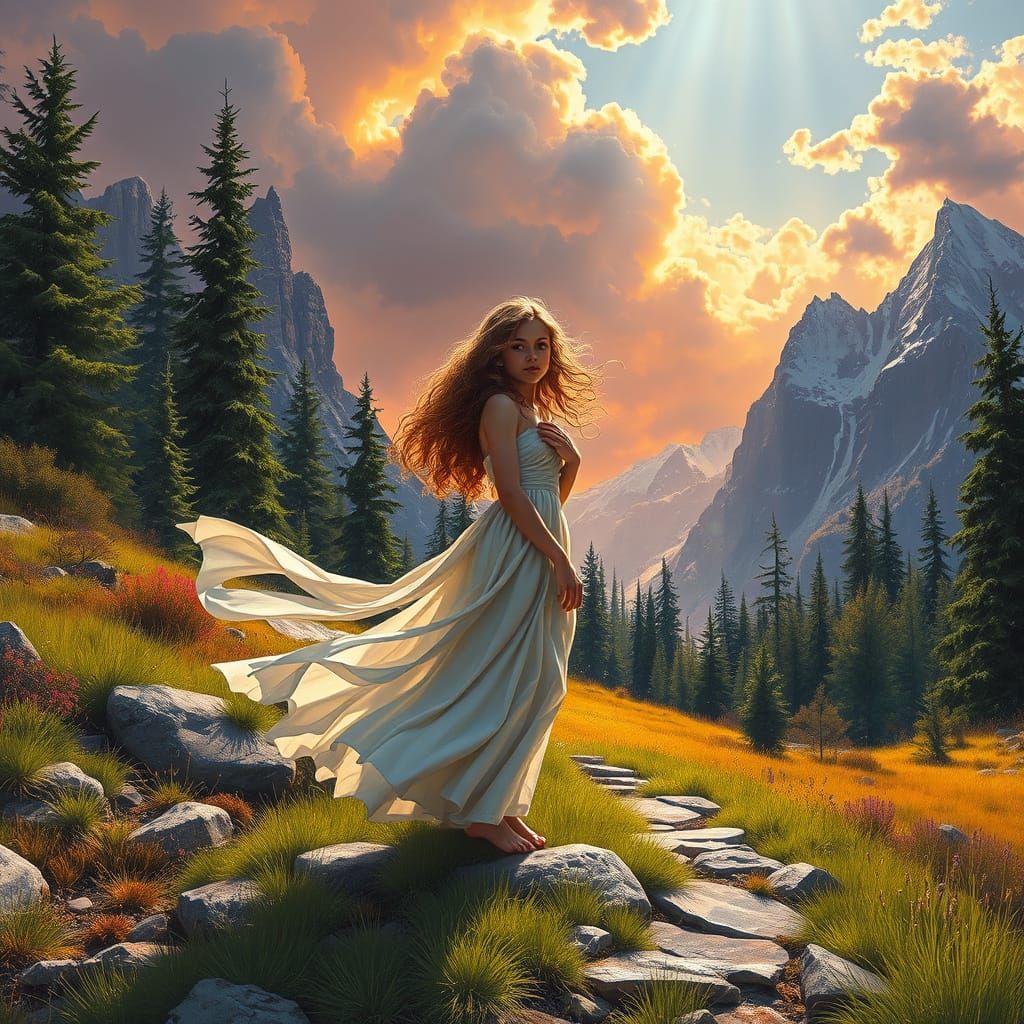 Elfin Girl in Surreal Neon Landscape