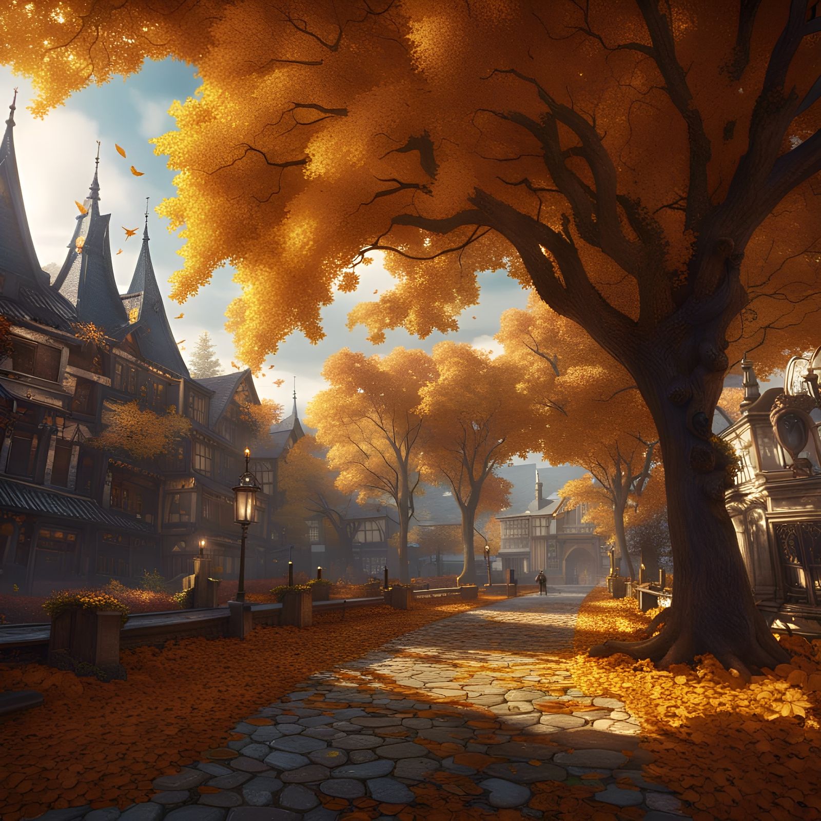 Golden Autumn City in Detailed Matte Painting