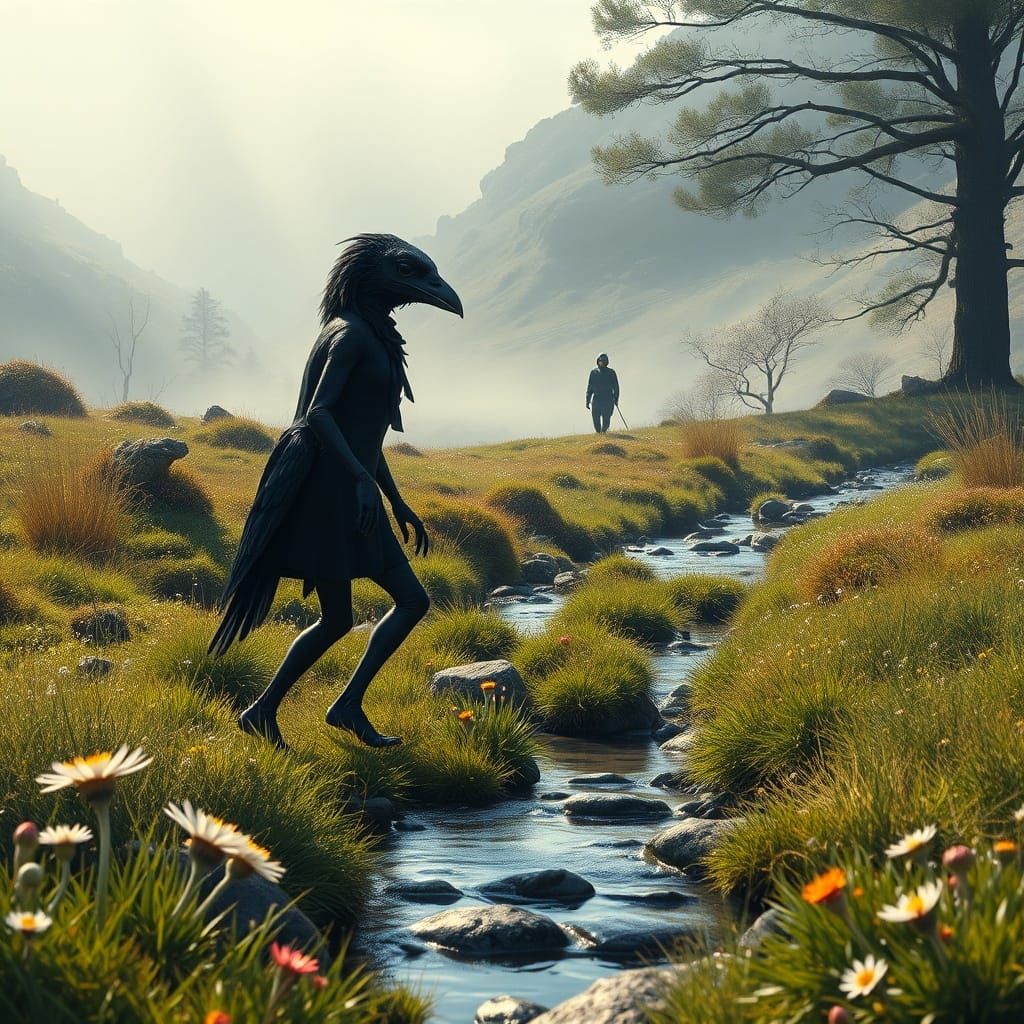 Raven-Like Alien in Scottish Wilderness Gouache Painting