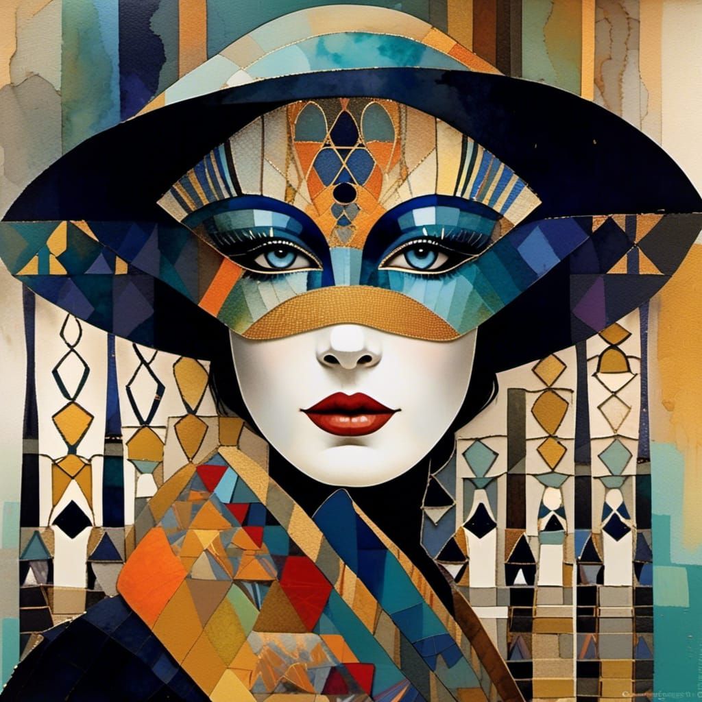 Mysterious Masked Lady in Surreal Cubist Style