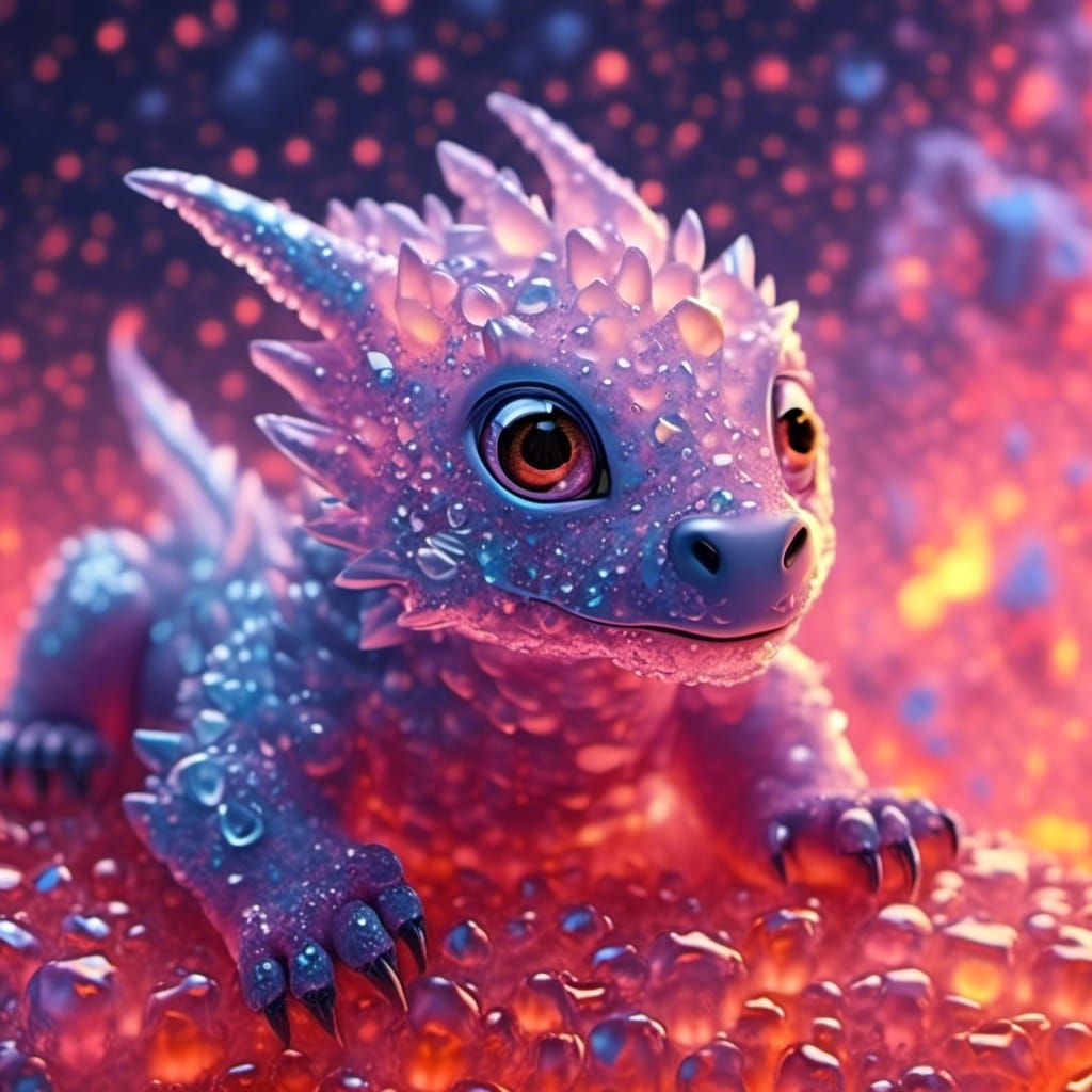 Cute Baby Crystal Ice Dragon Hatchling with Lava Droplets