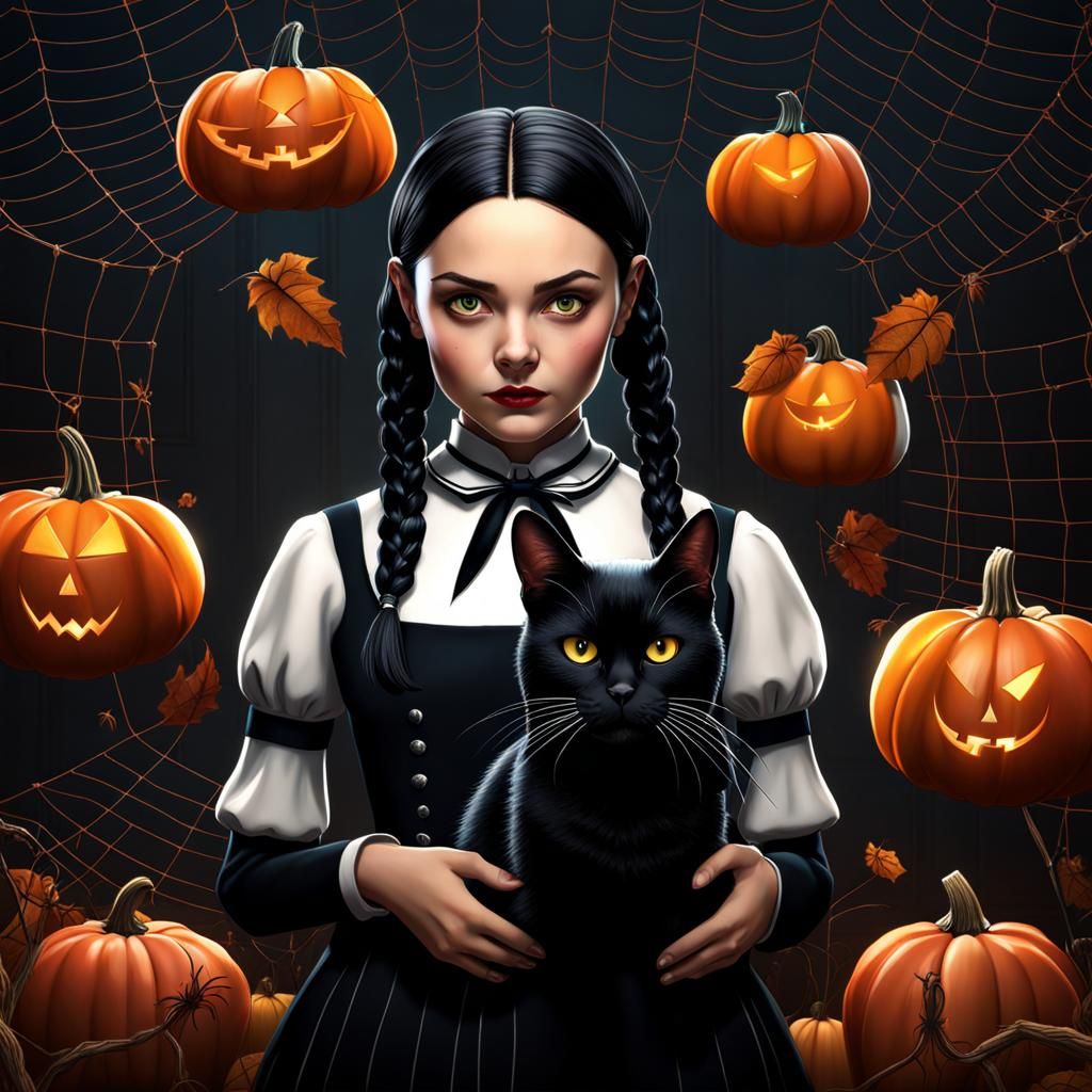 Wednesday Addams Dark Fantasy with Black Cat