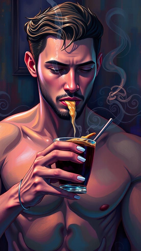 Shirtless Man Drinking Steaming Hot Chocolate Moebius contra...