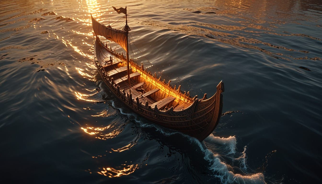 Viking Longship Sails on Golden Ocean at Sunset