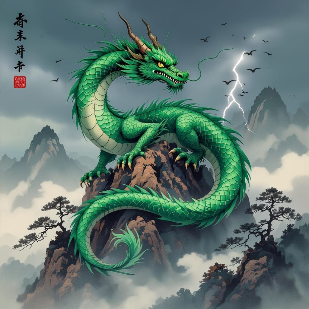 Jade Dragon in Fluid Art and Ink Wash Style