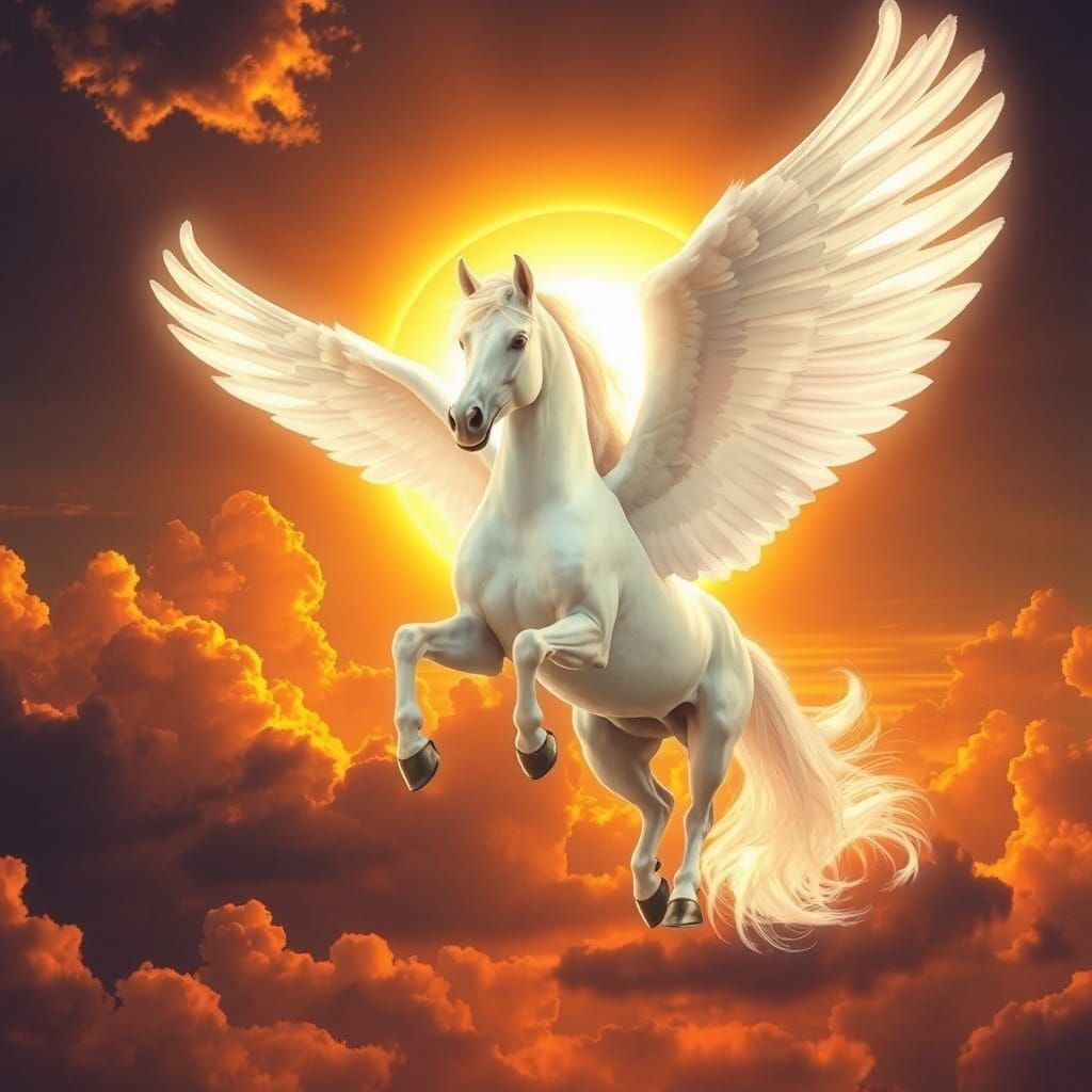 Pegasus Soaring Through Golden Sunset, Digital Matte Paintin...