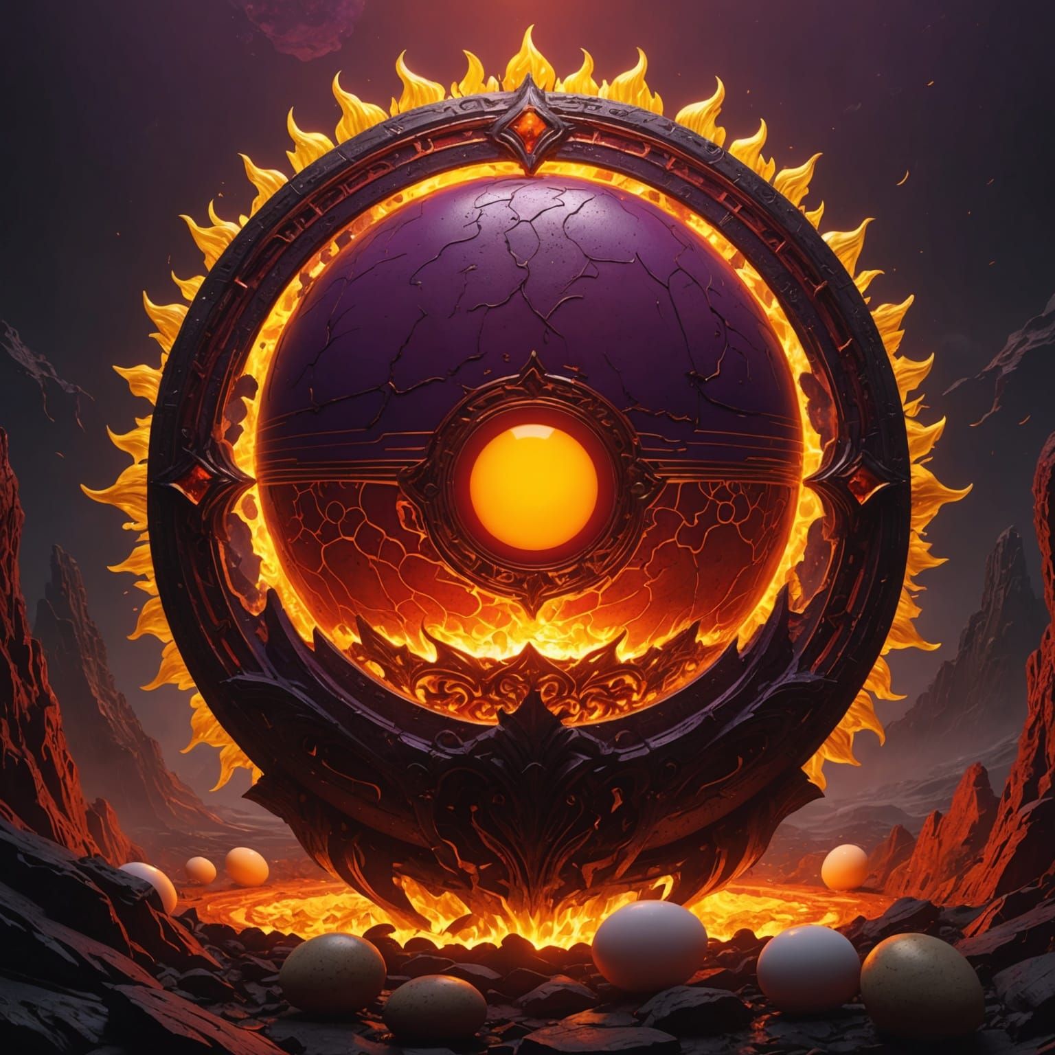 Fiery Red Sun with Egg Border: Dark Fantasy Art