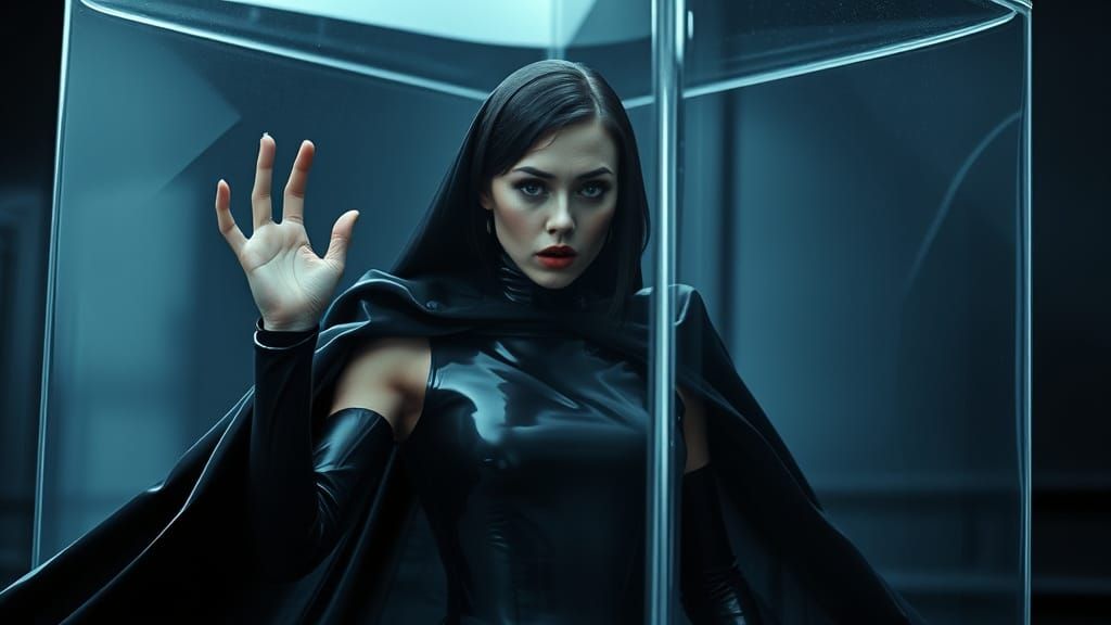 Woman Trapped in Latex Vacuum Cube, Futuristic Surrealism