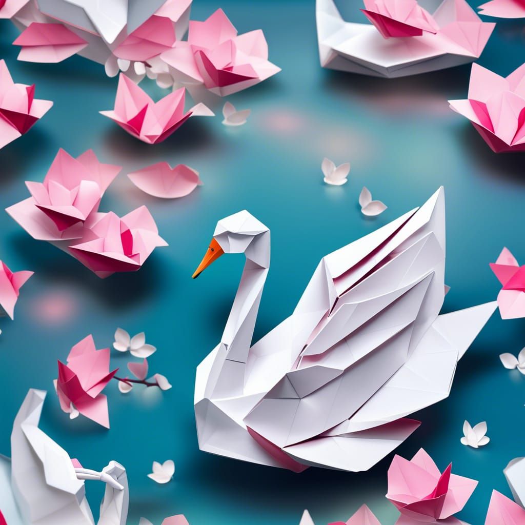 Origami Swan and Cherry Blossoms in Papercraft Style