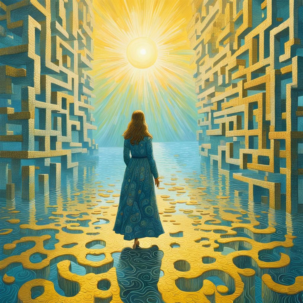 Mirrored Woman in Mercury Sea, Neo-Impressionist Style