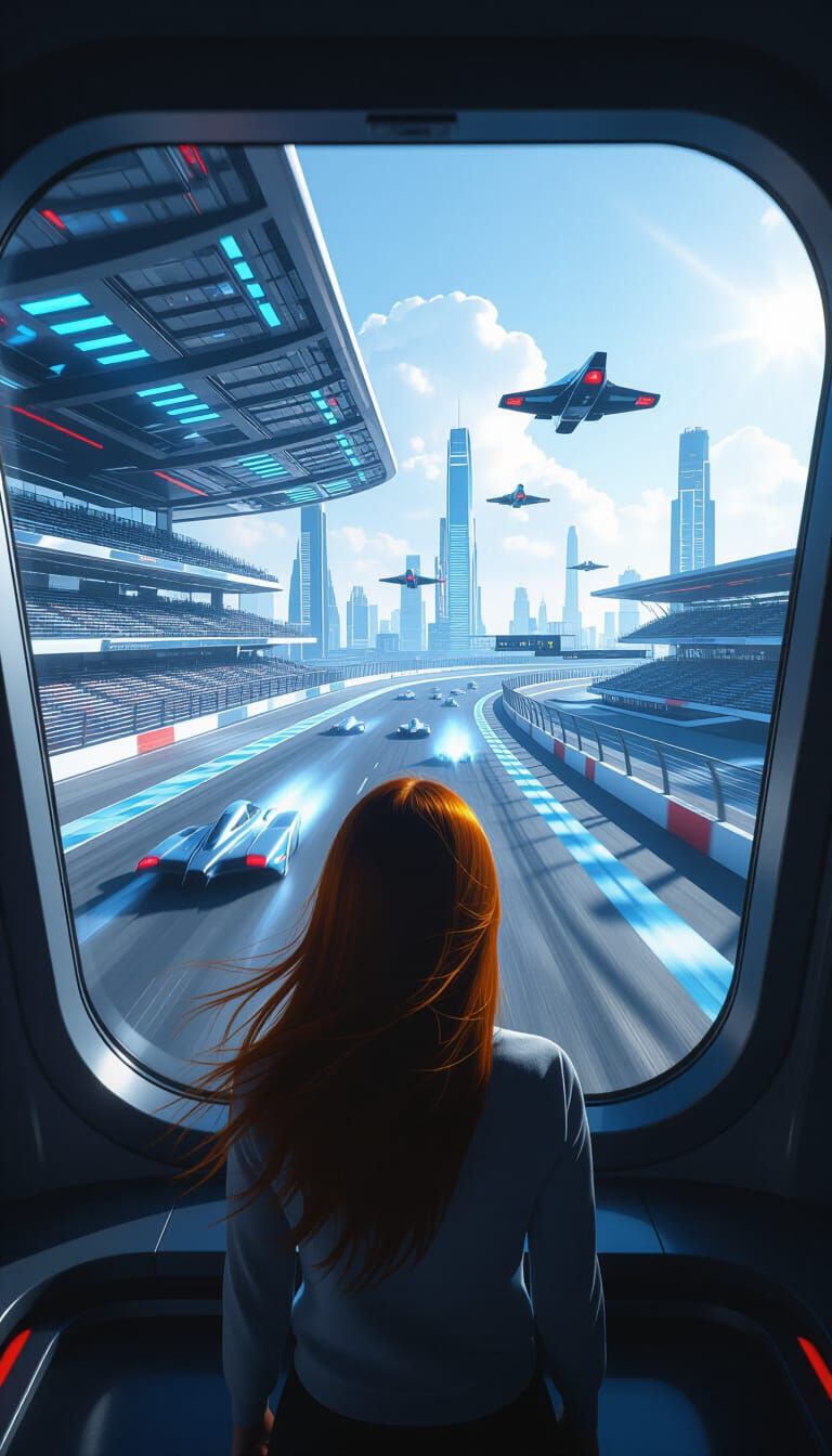 Girl Gazes at Neon Future Race Track Panorama