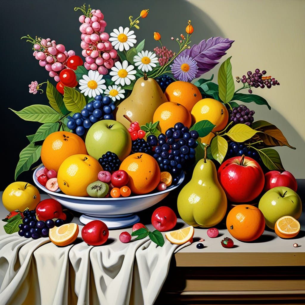 Vibrant Fruits and Flowers with Gems in Neo-Impressionist St...