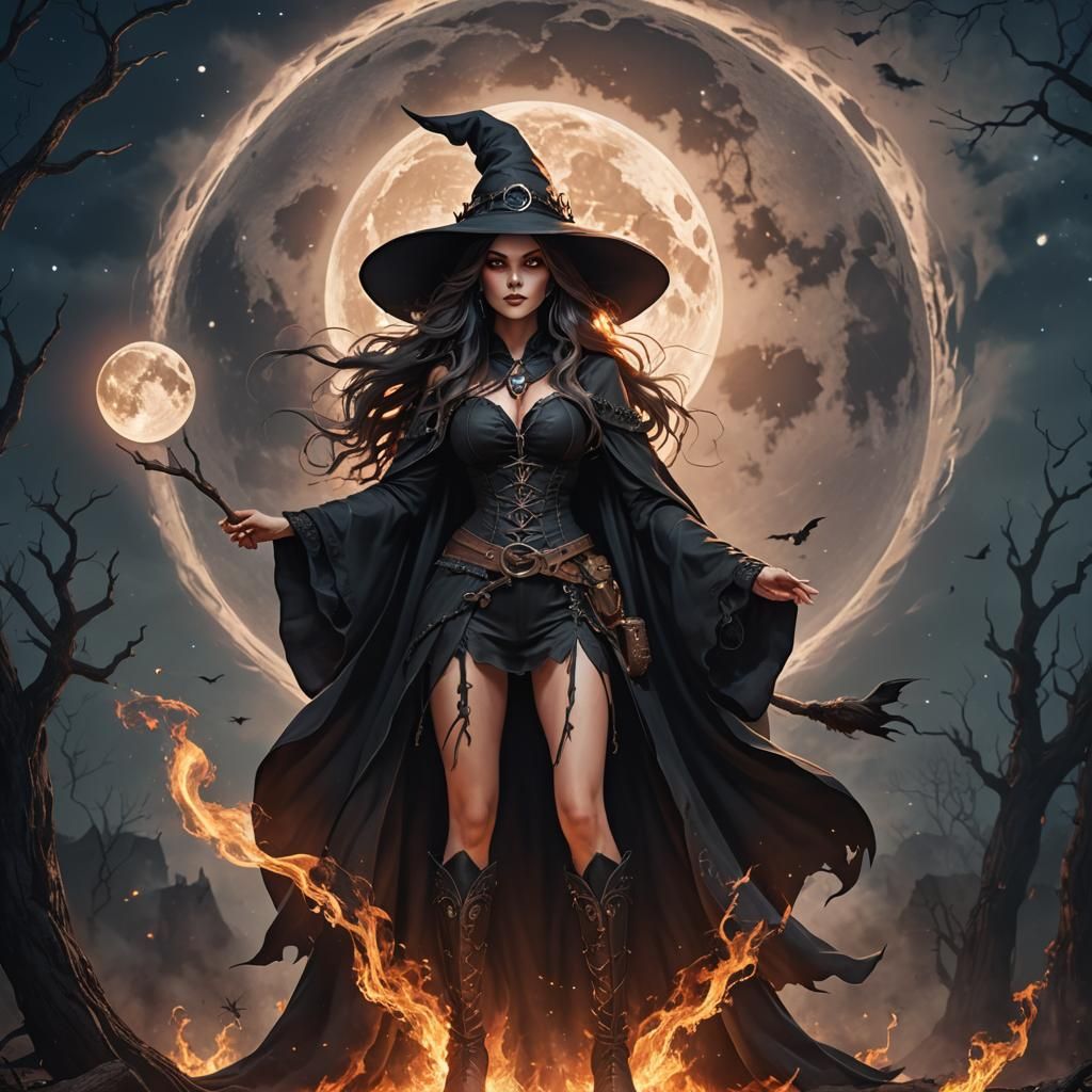 Majestic Witch with Moon, Fire Theme, Cinematic Style