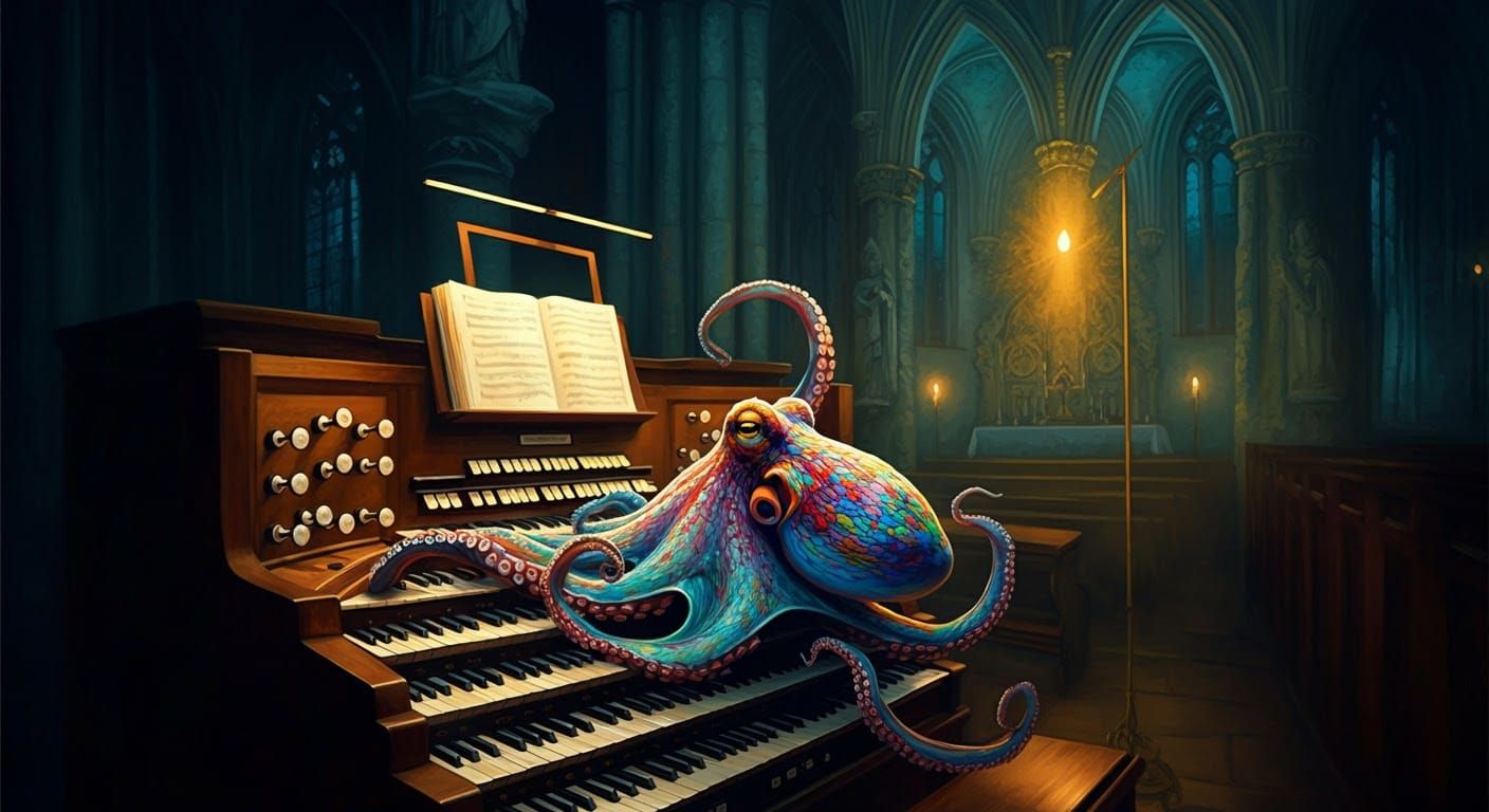 Octopus Plays Organ in Gothic Church