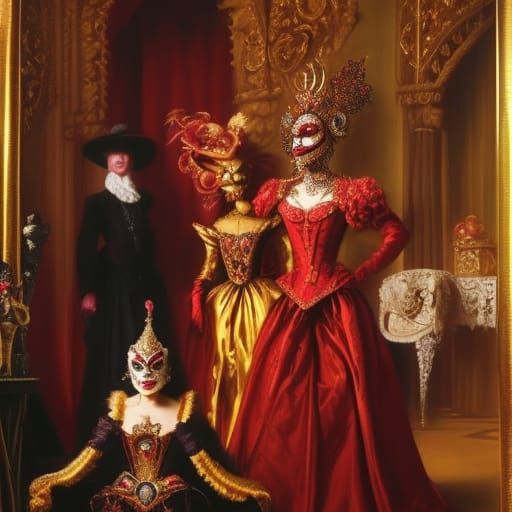 Opulent Masquerade Ball in Crimson and Gold