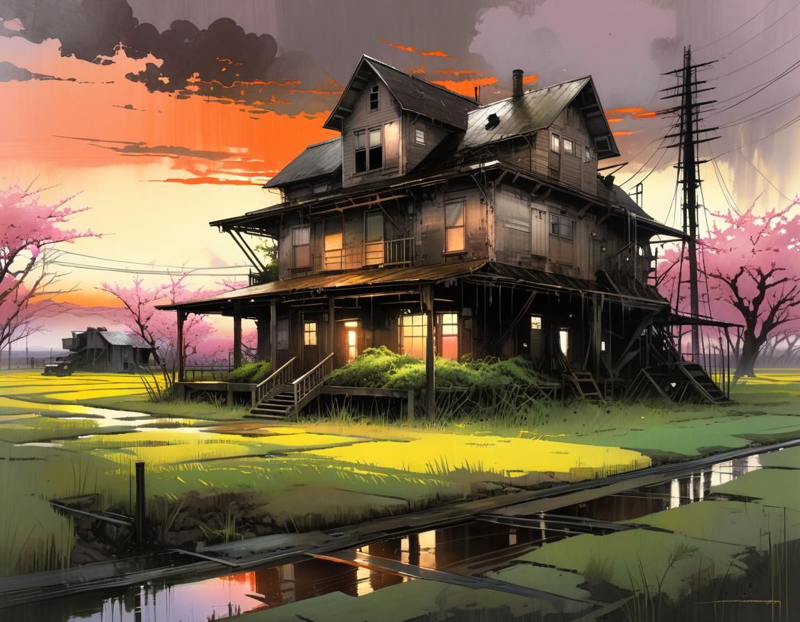 Enchanted Biopunk Farmhouse in Twilight, Watercolor Style