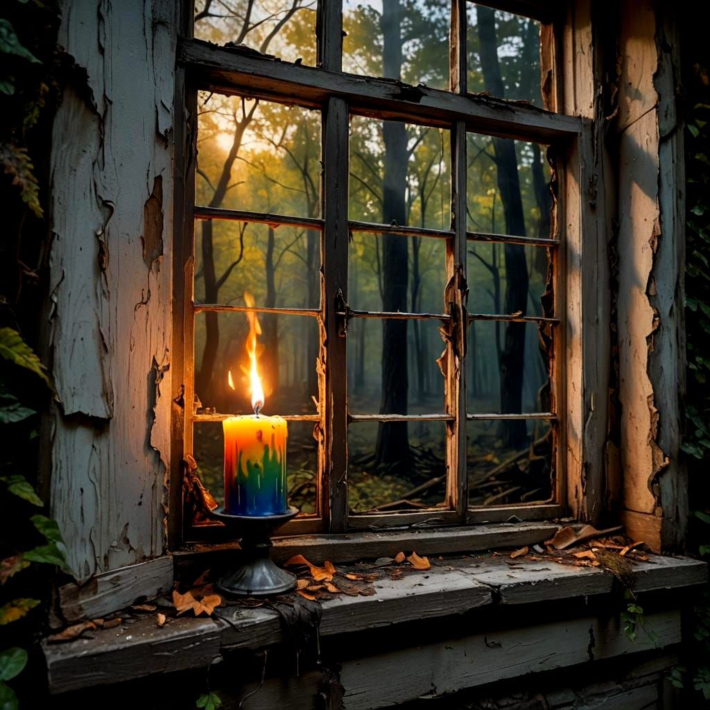 Burning Candle in Forest Window: Hyperrealistic Art