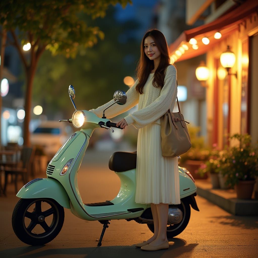 Woman with Delivery Bag Under Streetlight Glow