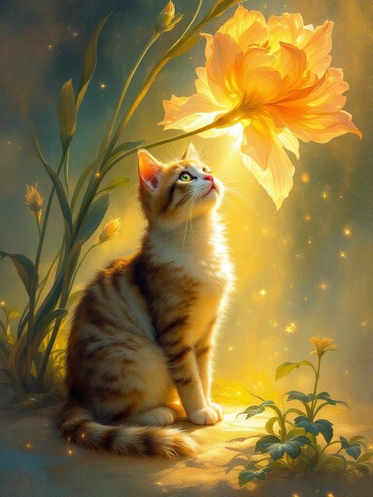 Cat Under Flower in Art Nouveau Style