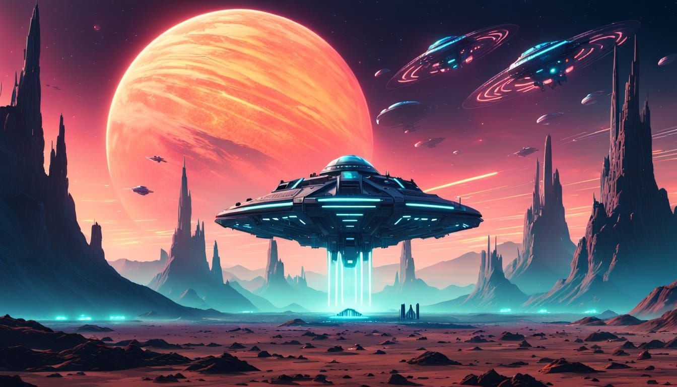Neon Spaceships Over Alien Planet in Sci-Fi Style