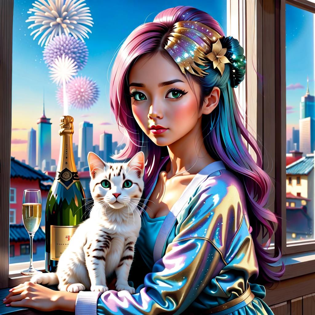 Asian Woman and Cat Celebrate New Year's Eve