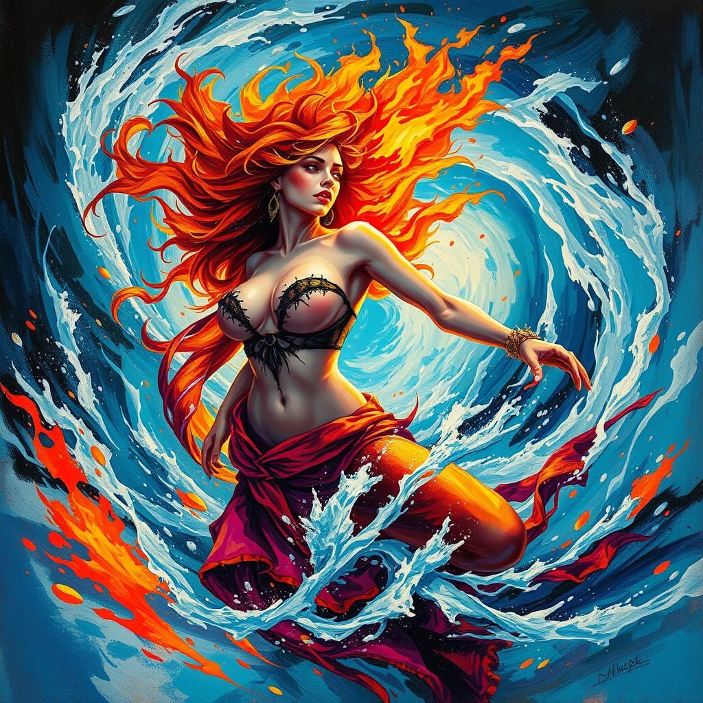 Fiery Redhead in Vortex of Water and Flames