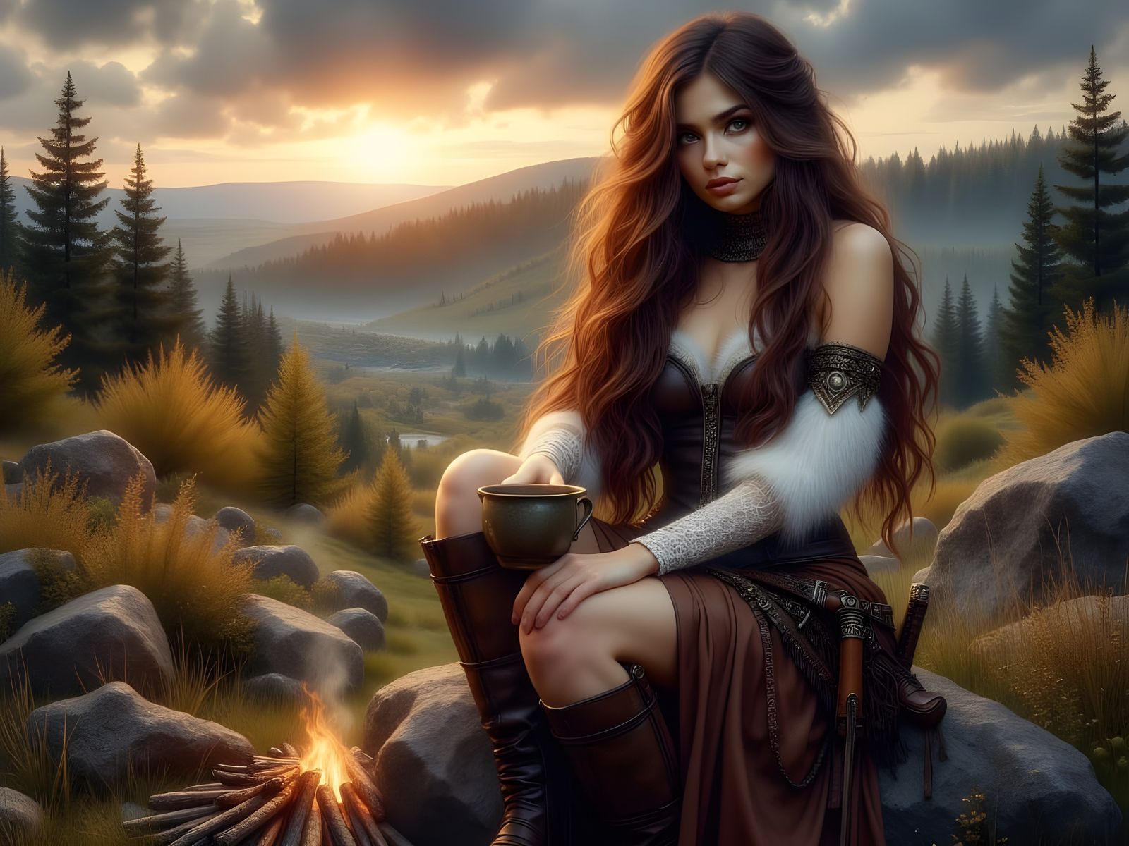 Norse Goddess with Steaming Coffee by Campfire