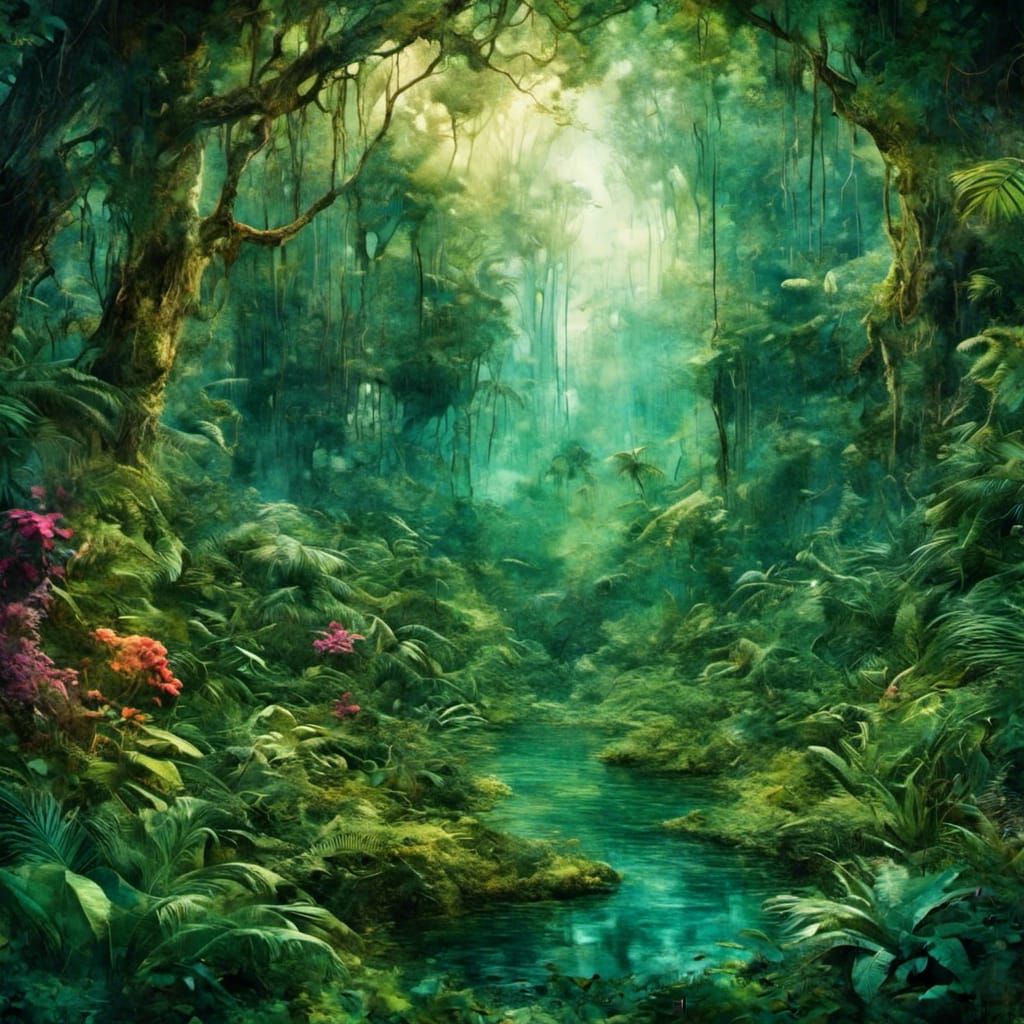 Lush Rainforest Stained Glass in Watercolor Style