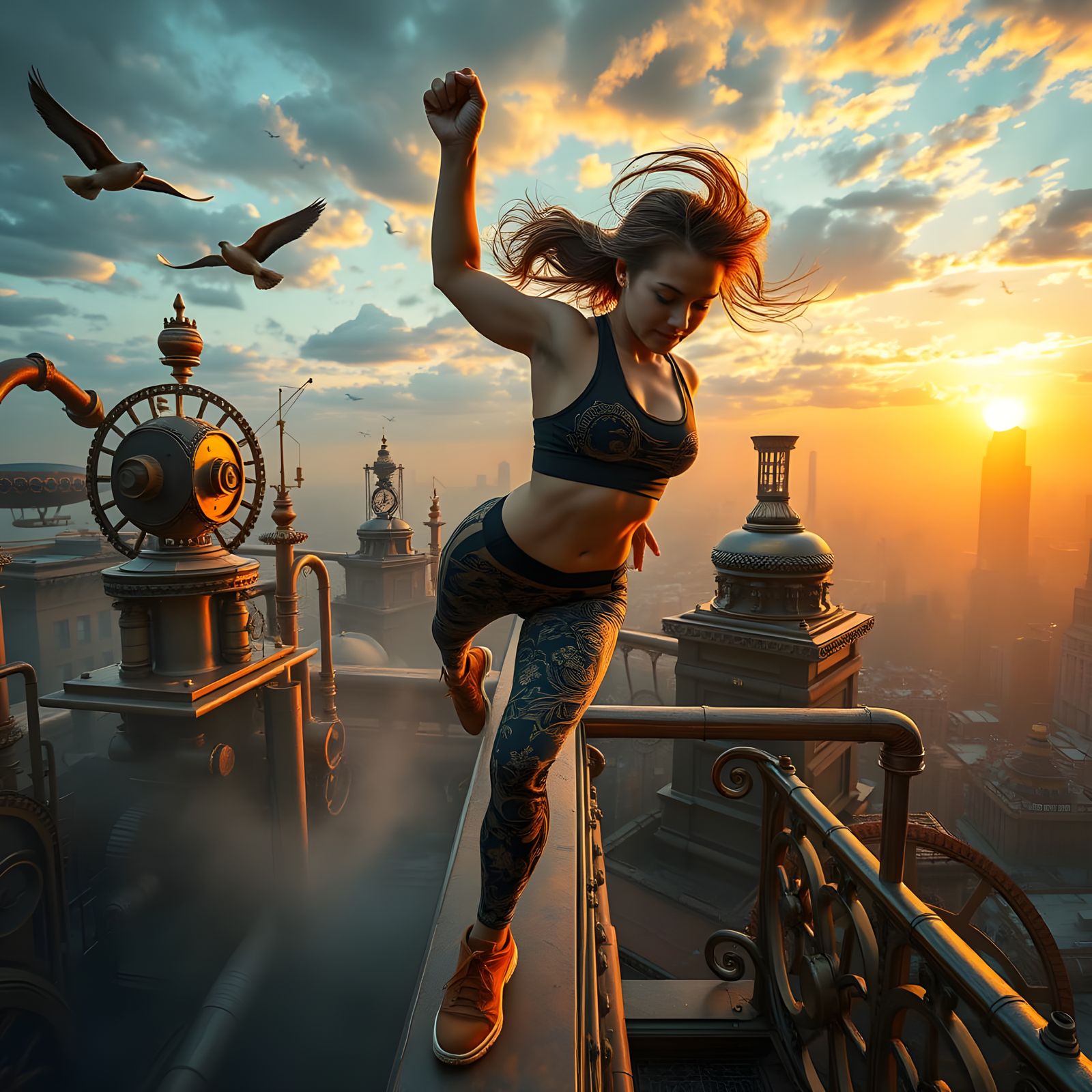 Steampunk City Rooftop Workout at Sunrise